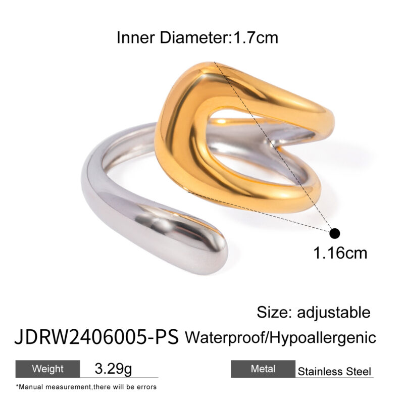 ?Design Two-tones Ring 18K PVD Gold Plated Stainless Steel Ring Double Layers Bend Opening Ring for Women - Image 4
