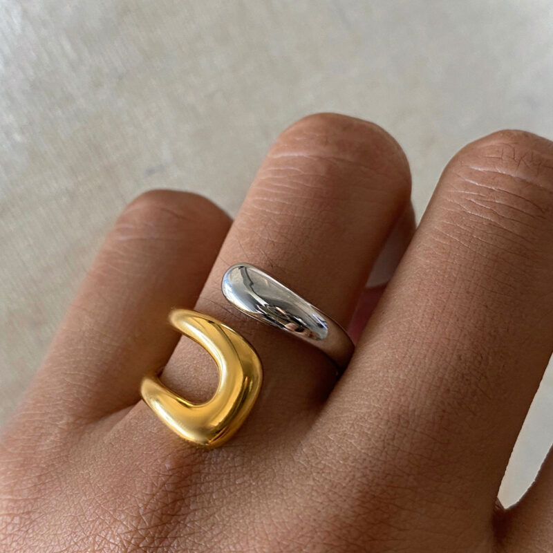 ?Design Two-tones Ring 18K PVD Gold Plated Stainless Steel Ring Double Layers Bend Opening Ring for Women - Image 2