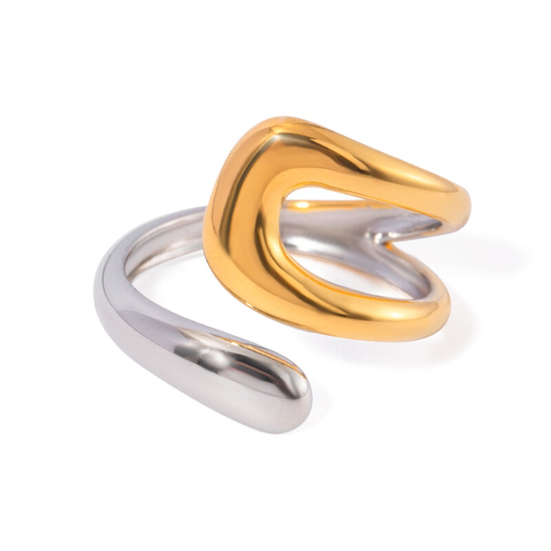 ?Design Two-tones Ring 18K PVD Gold Plated Stainless Steel Ring Double Layers Bend Opening Ring for Women