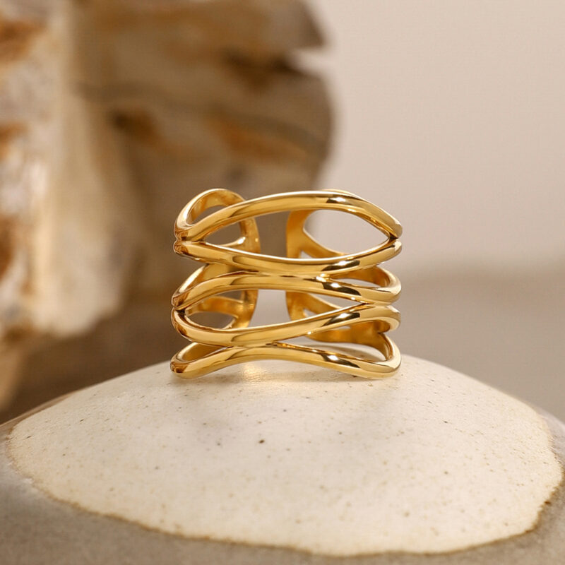 Women's 18K Gold PVD Plated Linear Stainless Steel Rings Two Tone Geometric Modern Finger Opening Ring - Image 2