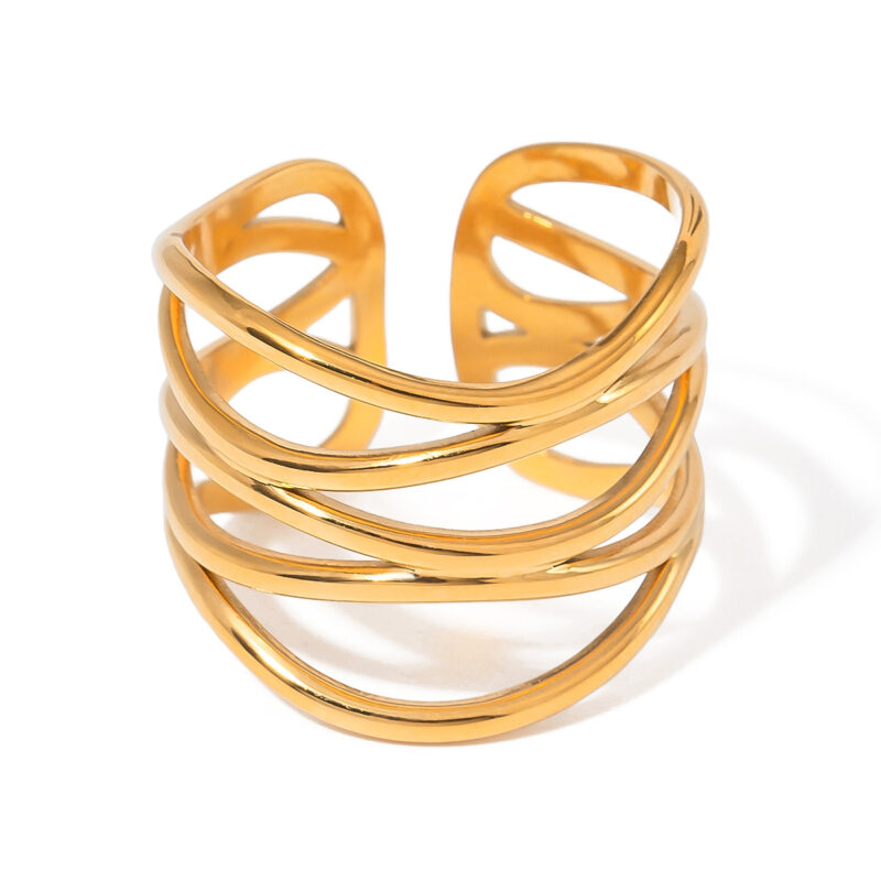 Women's 18K Gold PVD Plated Linear Stainless Steel Rings Two Tone Geometric Modern Finger Opening Ring