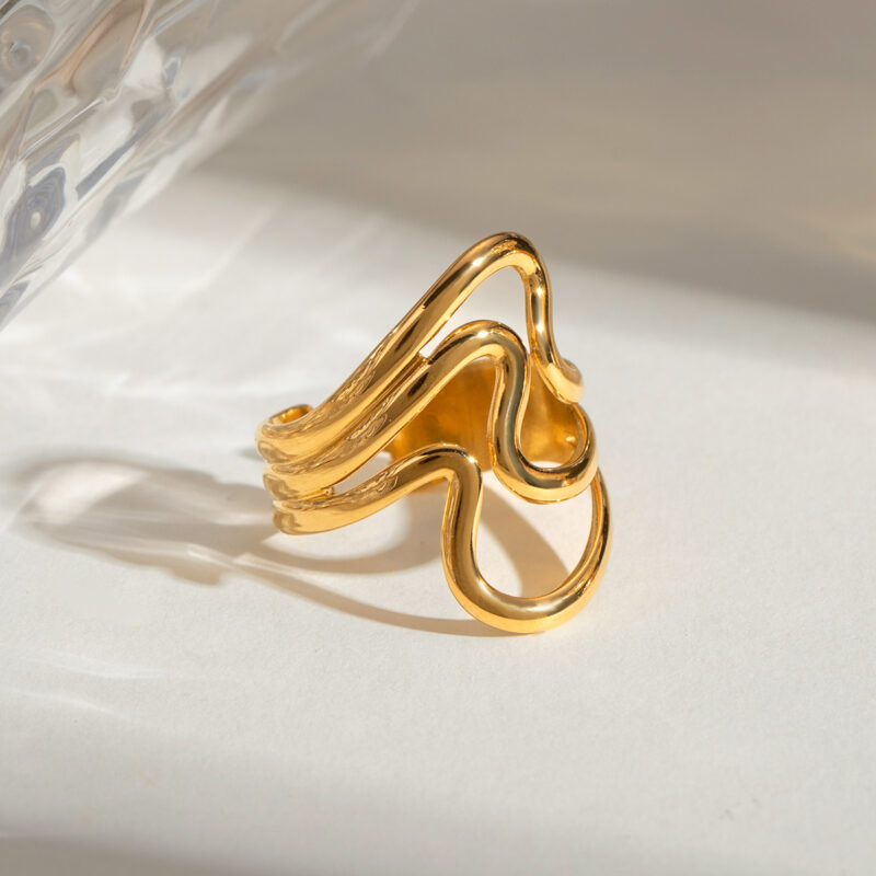 Women's 18K Gold PVD Plated Linear Stainless Steel Rings Two Tone Geometric Modern Finger Opening Ring - Image 3