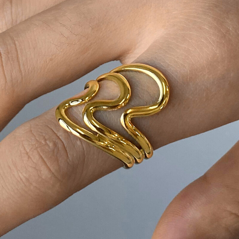 Women's 18K Gold PVD Plated Linear Stainless Steel Rings Two Tone Geometric Modern Finger Opening Ring - Image 2