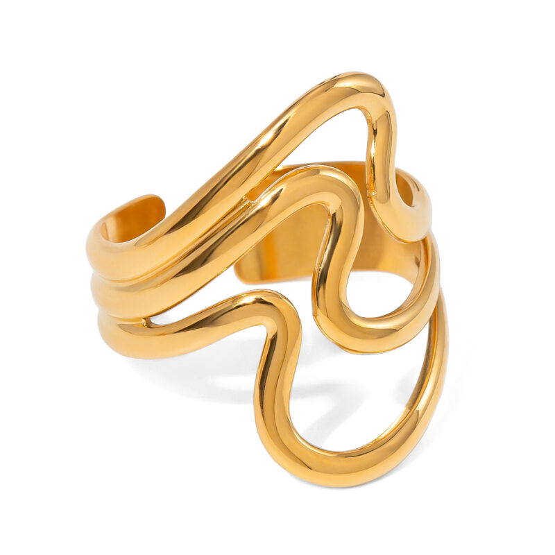 Women's 18K Gold PVD Plated Linear Stainless Steel Rings Two Tone Geometric Modern Finger Opening Ring
