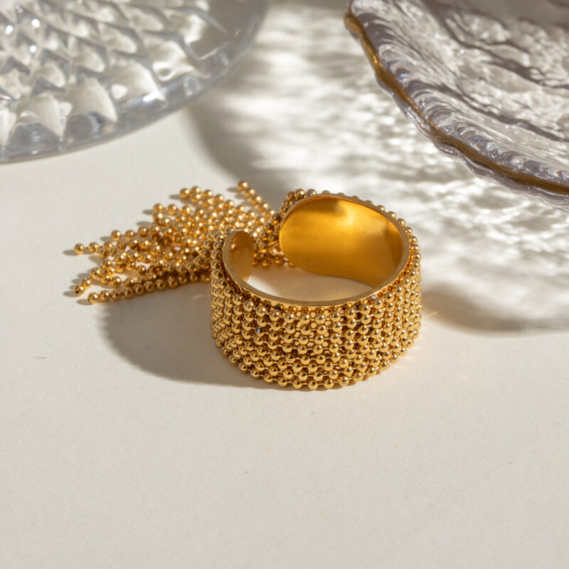 Luxury Stainless Steel 18K Gold Plated Ring Women Jewelry Round Oval Tiger Eye Hammered Open Ring - Image 3