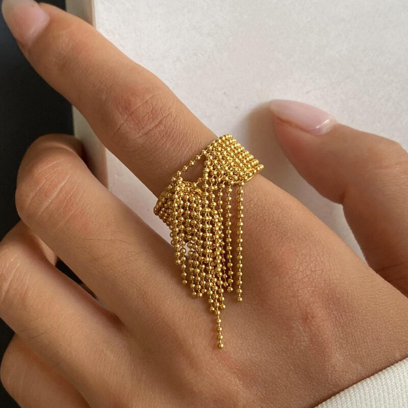 Luxury Stainless Steel 18K Gold Plated Ring Women Jewelry Round Oval Tiger Eye Hammered Open Ring - Image 2