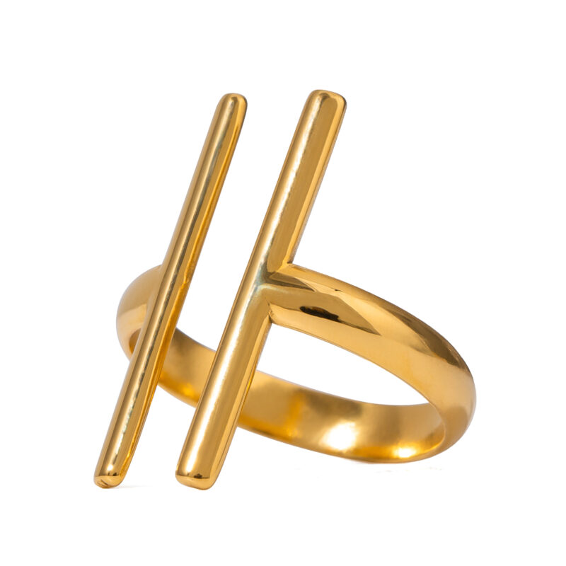 Women's 18K Gold PVD Plated Linear Stainless Steel Rings Two Tone Geometric Modern Finger Opening Ring