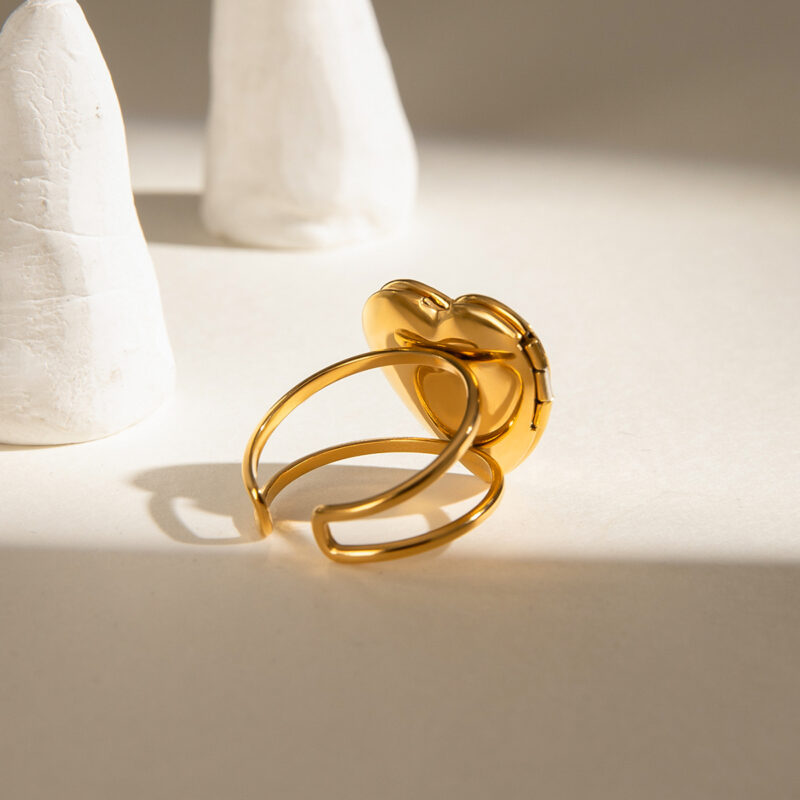 DIY Photo Frame Heart Shape Ring 18K PVD Gold Plated Stainless Steel Love Texture Ring for Women - Image 5