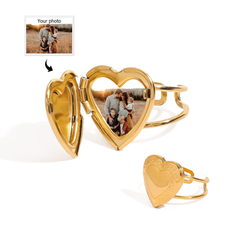 DIY Photo Frame Heart Shape Ring 18K PVD Gold Plated Stainless Steel Love Texture Ring for Women - Image 2