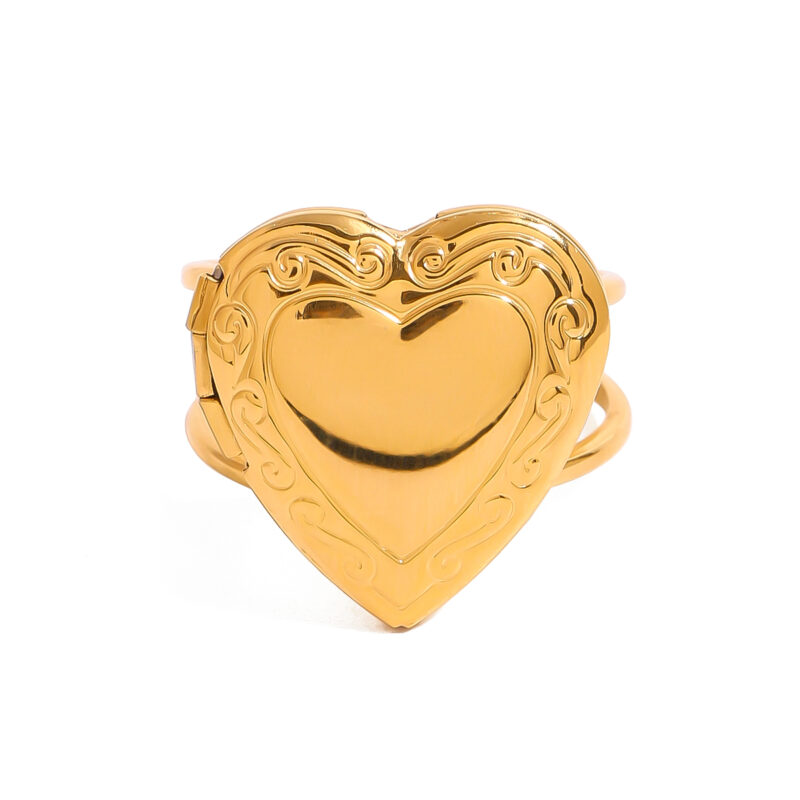 DIY Photo Frame Heart Shape Ring 18K PVD Gold Plated Stainless Steel Love Texture Ring for Women