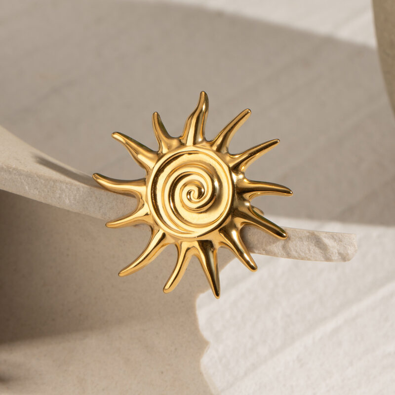 18k Gold Stainless Steel Sun Ring Chunky Spiral Sun Design Fashion Adjustable Sun Ring - Image 4