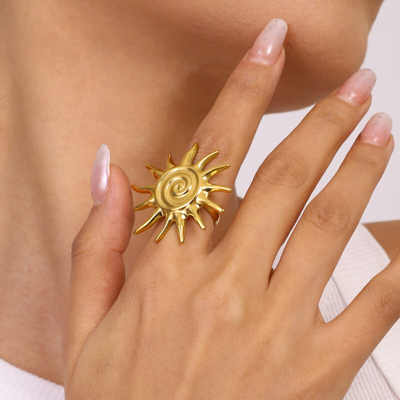 18k Gold Stainless Steel Sun Ring Chunky Spiral Sun Design Fashion Adjustable Sun Ring - Image 2