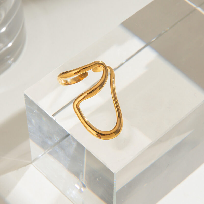 18k Gold Stainless Steel Irregular Geometric Line Liquid Open Ring Funky Trendy Adjustable Jewelry - Image 2