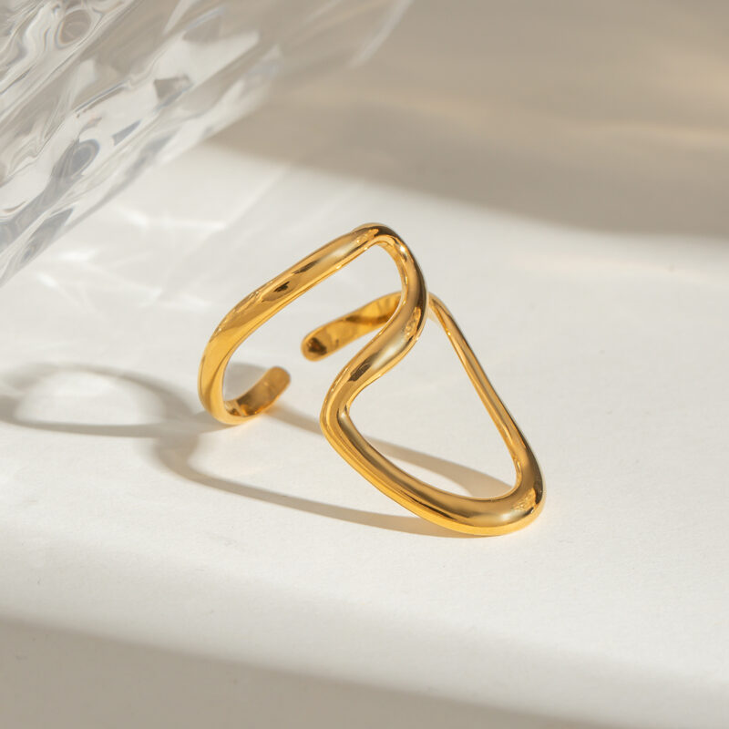 18k Gold Stainless Steel Irregular Geometric Line Liquid Open Ring Funky Trendy Adjustable Jewelry - Image 3
