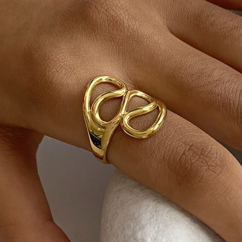 18k Gold Stainless Steel Irregular Geometric Line Liquid Open Ring Funky Trendy Adjustable Jewelry - Image 2