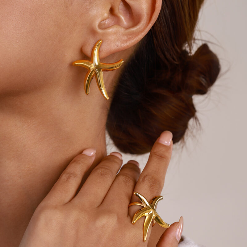 New Trendy Waterproof 18K Gold Plated Stainless Steel Jewelry Ocean Scene Starfish Adjustable Open Ring - Image 2
