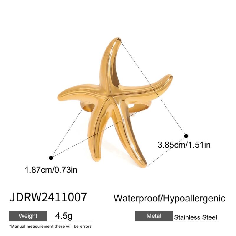 New Trendy Waterproof 18K Gold Plated Stainless Steel Jewelry Ocean Scene Starfish Adjustable Open Ring - Image 4