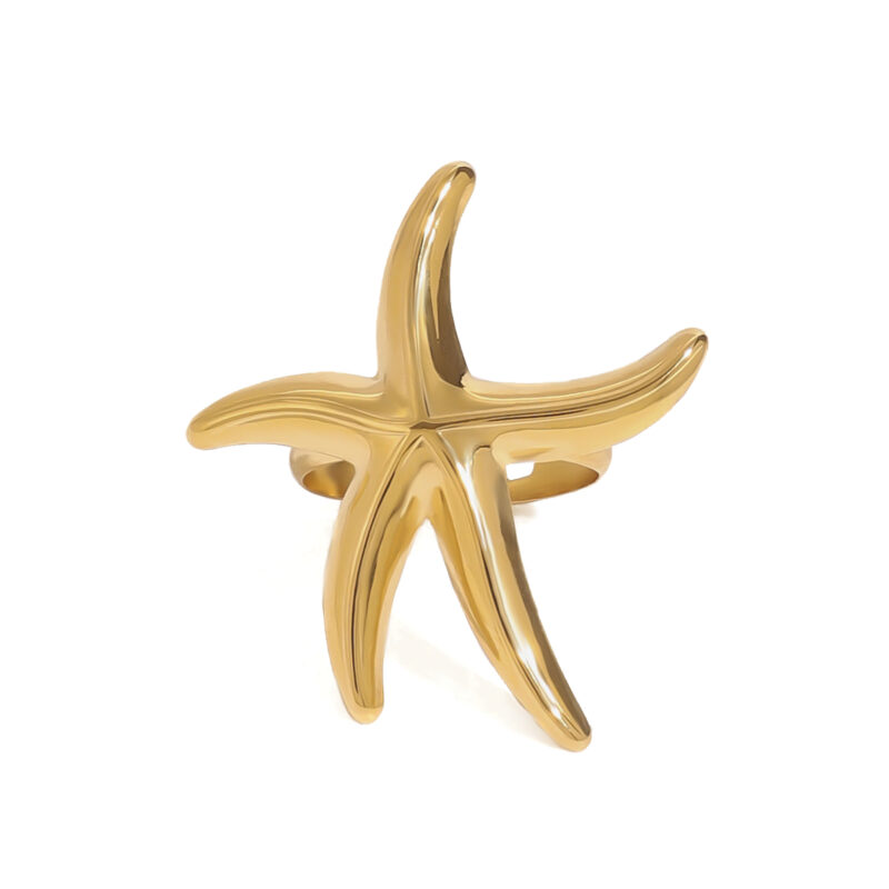 New Trendy Waterproof 18K Gold Plated Stainless Steel Jewelry Ocean Scene Starfish Adjustable Open Ring