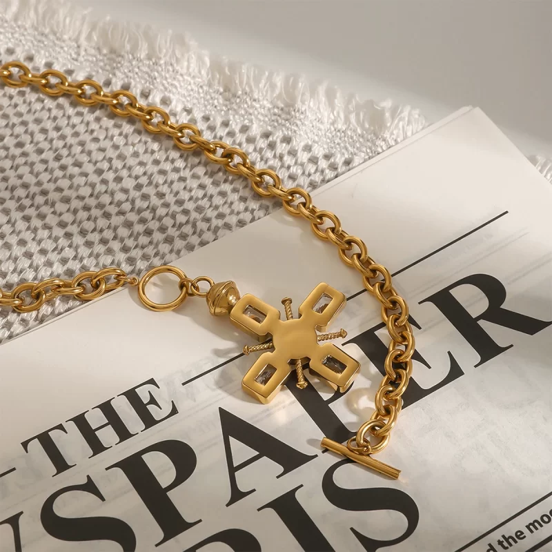 Youthway Specialist Elegant Gold Plated Stainless Steel Rhinestone Imitation Pearl Cross Pendant Necklace Unisex Vintage Jewelry - Image 5
