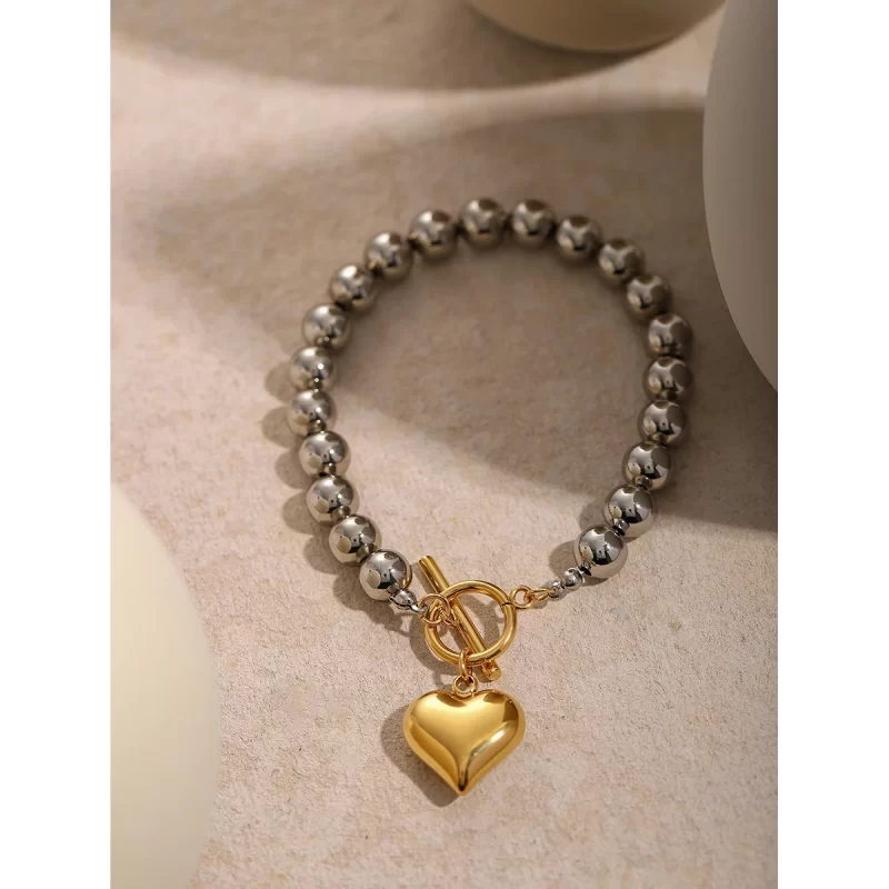 Gold Heart Silver Round Beads Bracelet Bangle Gold Color Waterproof Charm Jewelry for Women Gala Gift - Image 2