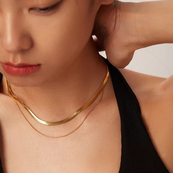 18K Gold Plated Stainless Steel Necklace For Women Punk Style Double Layered Snake Chain Choker Neckalce