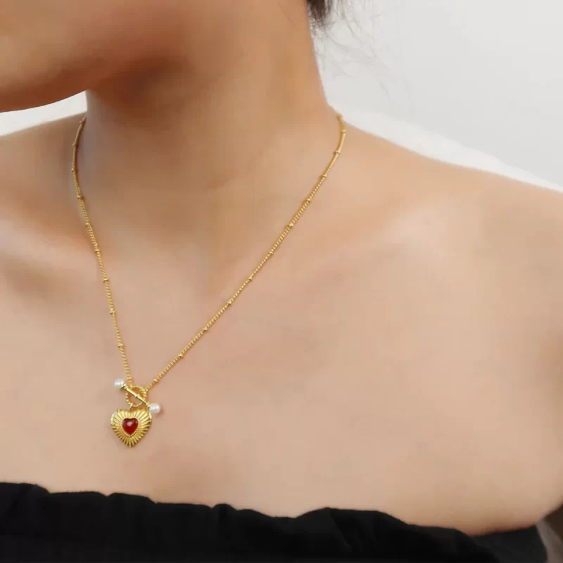 Youtthway Red Agate Heart Stainless Steel Jewelry Sets Gold Plated Necklace Heart Ring And Anti Allergic Earrings Sets For Gifts - Image 5