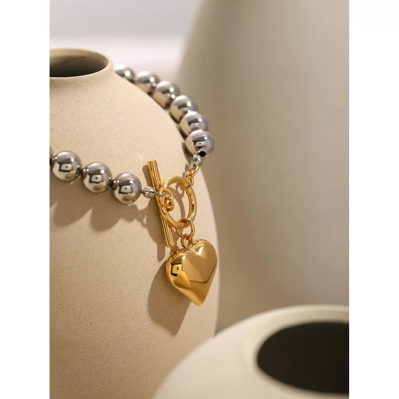 Gold Heart Silver Round Beads Bracelet Bangle Gold Color Waterproof Charm Jewelry for Women Gala Gift - Image 3