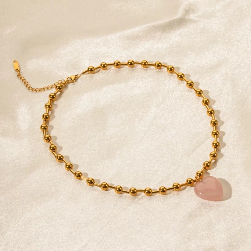 Waterproof 18K Gold Plated Stainless Steel Bead Chain Transparent Quartz Glass Stone Heart Pendant Necklace - Image 3