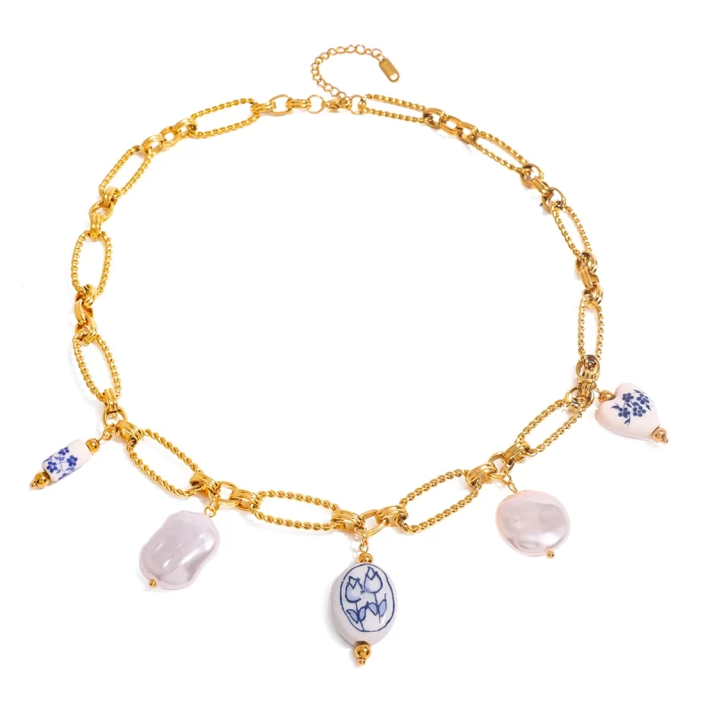 Youthway Stainless Steel Pearl Porcelain bead Pendent Chain Necklace Waterproof 18K Gold-plated Ocean Beach Trendy Jewelry - Image 5