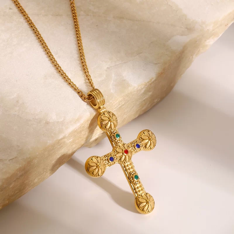 Youthway New Design Gold Plated Colorful Zircon Cross Pendant Necklace For Unisex Waterproof Stainless Steel Jewelry Accessory
