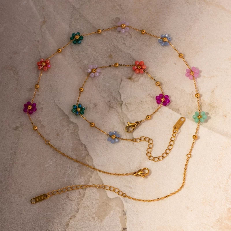 Fashion Trendy Stainless Steel Steel Colorful Floral Chain Bracelet Necklace Set Waterproof Charm Jewelry Set for Women - Image 4