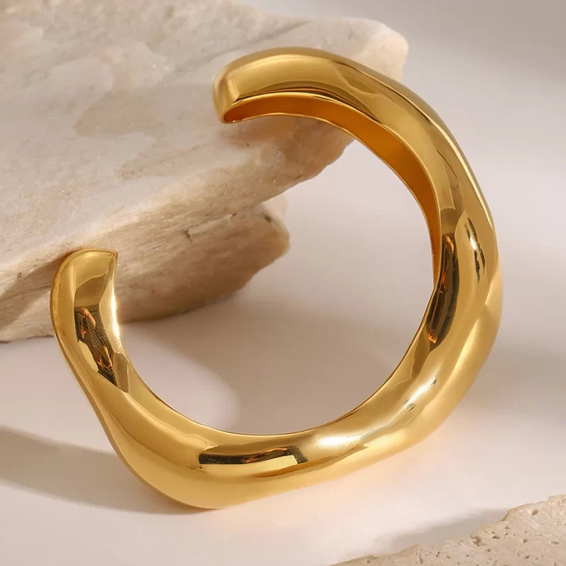Retro Exaggerated 18k Gold Plated Stainless Steel Irregular Wave Bracelet Bangle For Unisex Fashion Waterproof Jewelry - Image 4