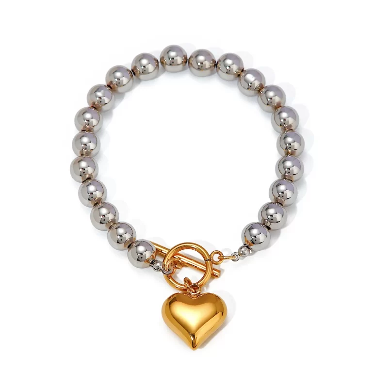 Gold Heart Silver Round Beads Bracelet Bangle Gold Color Waterproof Charm Jewelry for Women Gala Gift