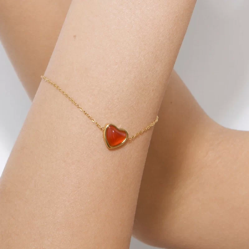 Stainless Steel Inlaid Red Agate Heart Bracelet for Women's Romantic Fashion Jewelry Valentine's Day Gift - Image 3
