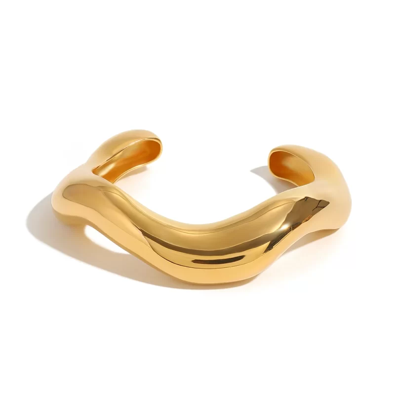 Retro Exaggerated 18k Gold Plated Stainless Steel Irregular Wave Bracelet Bangle For Unisex Fashion Waterproof Jewelry