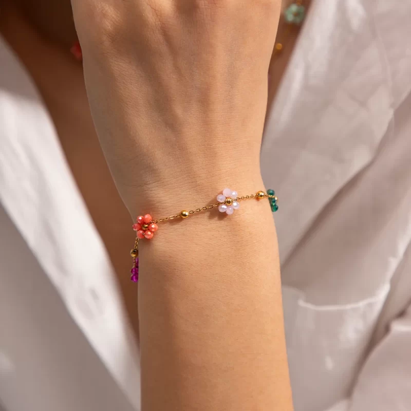 Fashion Trendy Stainless Steel Steel Colorful Floral Chain Bracelet Necklace Set Waterproof Charm Jewelry Set for Women - Image 3