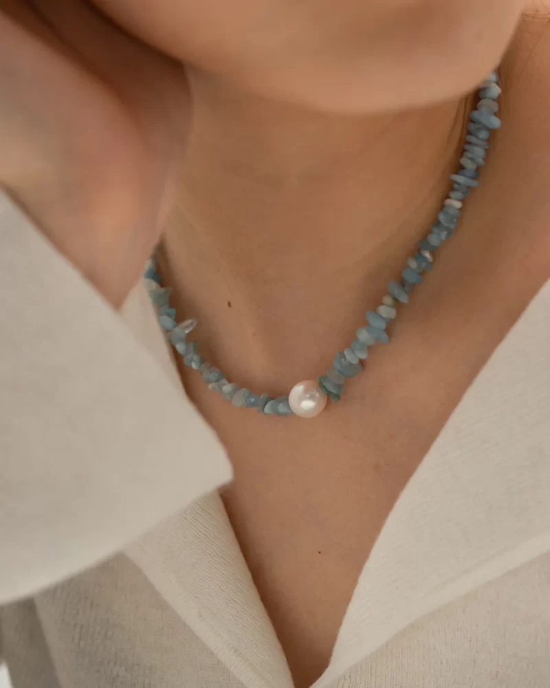 Youthway Ocean Blue Stone Pearl Stainless Steel Necklace Metal Texture Waterproof Trendy Simple Jewelry for Women - Image 4