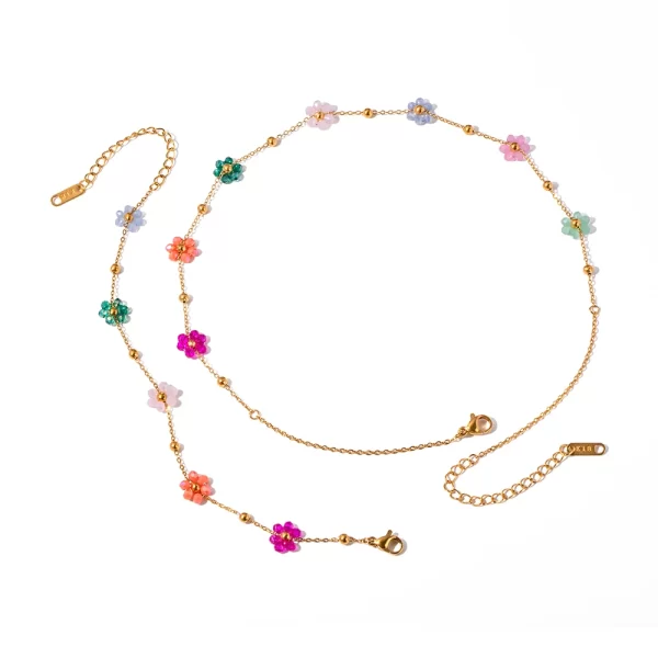 Fashion Trendy Stainless Steel Steel Colorful Floral Chain Bracelet Necklace Set Waterproof Charm Jewelry Set for Women