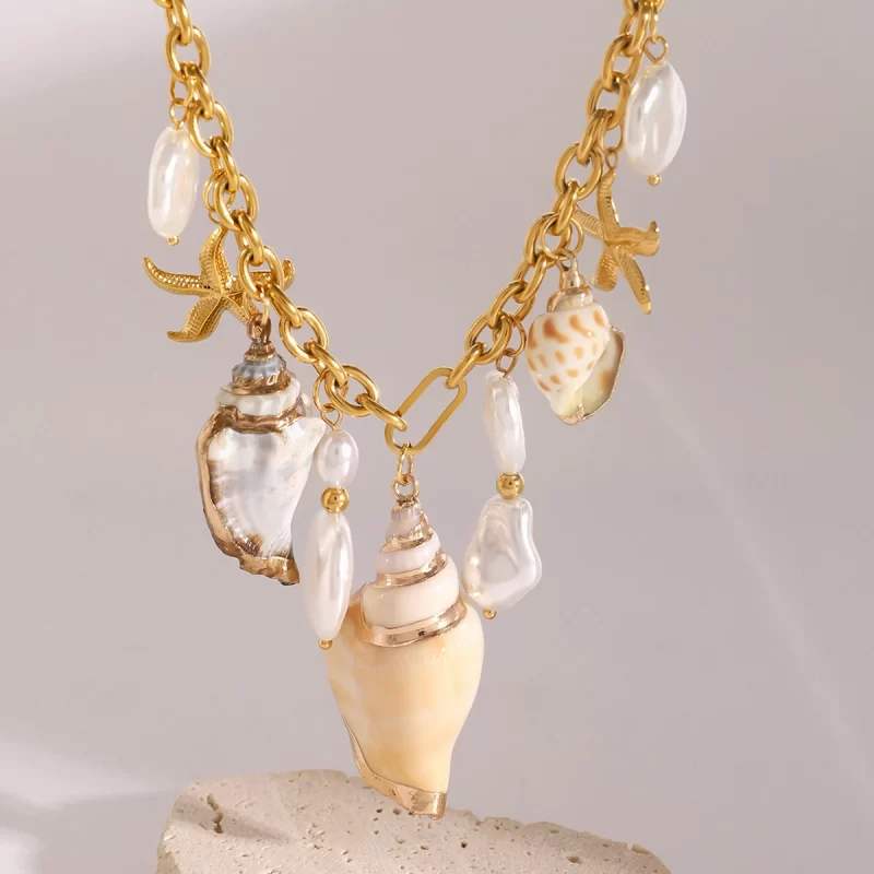Youthway Bohemian Stainless Steel Waterproof Big Pearl Conch Starfish Pendant Necklace For Women Ocean Beach Jewelry