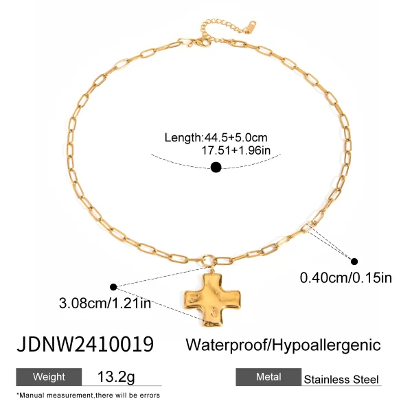 J&D 18k Gold Stainless Steel Jewelry Hammered Cross Pendant Necklace With Adjustable Ring Pearl Beads Chain Type Gold Plated - Image 6