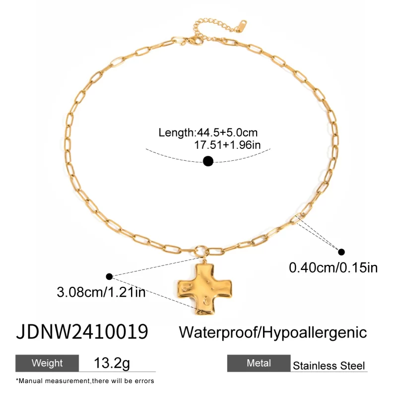 J&D 18k Gold Stainless Steel Jewelry Hammered Cross Pendant Necklace With Adjustable Ring Pearl Beads Chain Type Gold Plated - Image 6