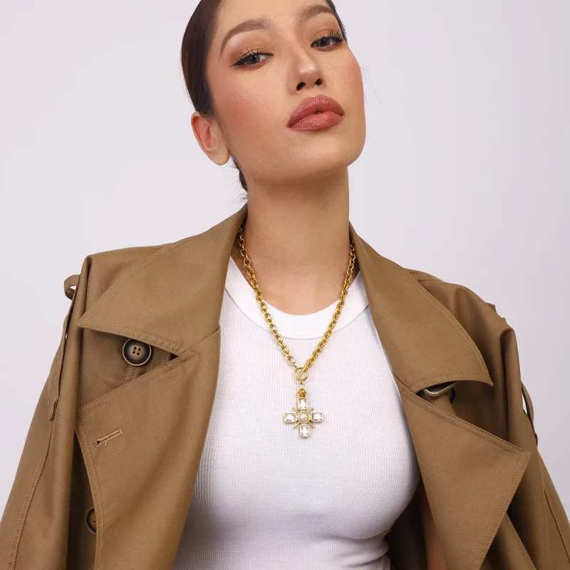 Youthway Specialist Elegant Gold Plated Stainless Steel Rhinestone Imitation Pearl Cross Pendant Necklace Unisex Vintage Jewelry - Image 2