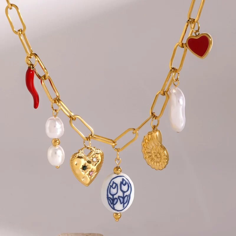 Youthway Trendy Stainless Steel Pearl Conch Heart Porcelain bead Chili Pendent Necklace Waterproof 18K Gold-plated Beach Jewelry - Image 2