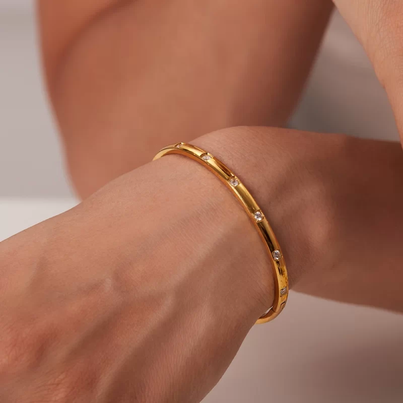 Luxury Elegant Waterproof Stainless Steel 18K Cubic Zircon Open Cuff Bracelet Bangle for Girls - Image 3