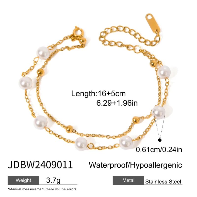 18k Gold Stainless Steel Pearl Double Layer Stainless Steel Bead Bracelet Adjustable - Image 4