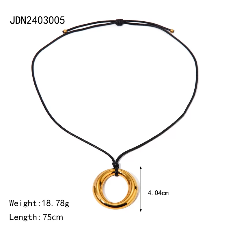 J&D Hollow Round Pendant Necklace 18K Gold Silver Plated Stainless Steel Black Rope Drop Necklace for Women - Image 6