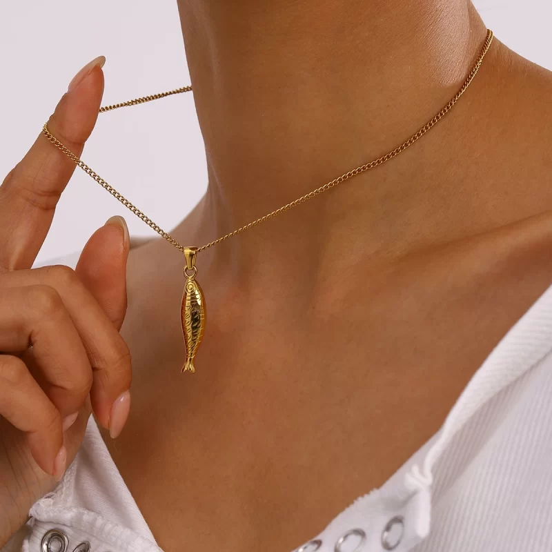 Youthway 18K Gold Stainless Steel Patterned Fish Pendant Necklace For Unisex Fashion Waterproof Anti Allergic Jewelry New 2024 - Image 2