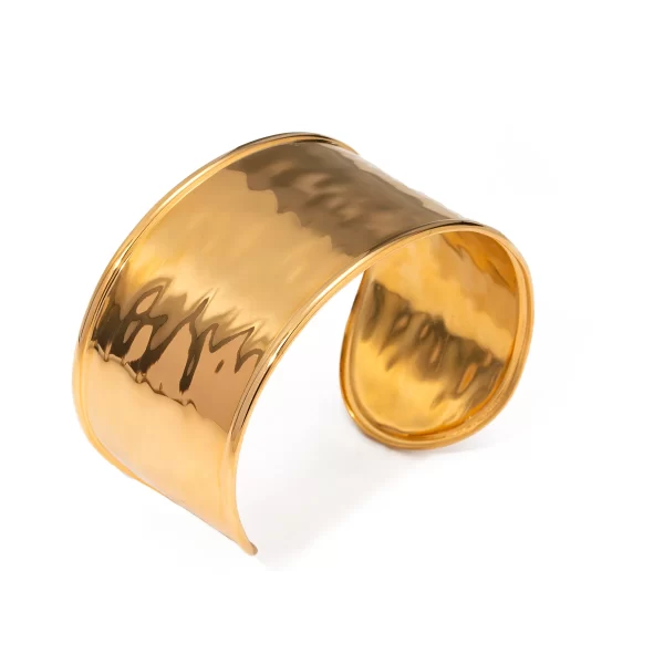 Waterproof Stainless Steel Trendy Wide Hammered Texture Opening Cuff Bracelet 18K Gold Plated Women Daily Jewelry