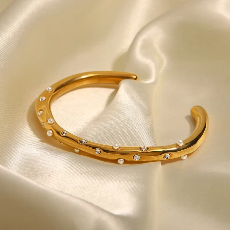 Stainless Steel Pearl Cubic Zirconia Bracelet Geometric Open Cuff Bracelet Minimalist Texture Personalized Jewelry - Image 4