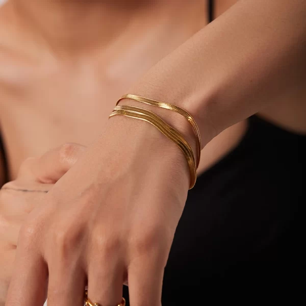 Flat Snake Chain Three Layer Snake Chain Bracelet Stainless Steel 18K Gold Plated PVD Metal texture rust-proof and waterproof - Image 3